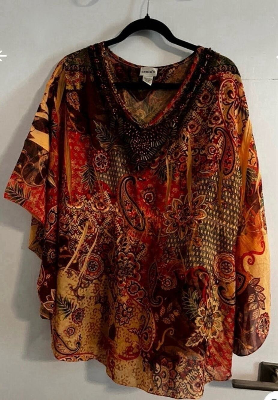 Chico's Multicolor Paisley Beaded V-Neck Tunic Blouse 3/4 Sleeve 18W